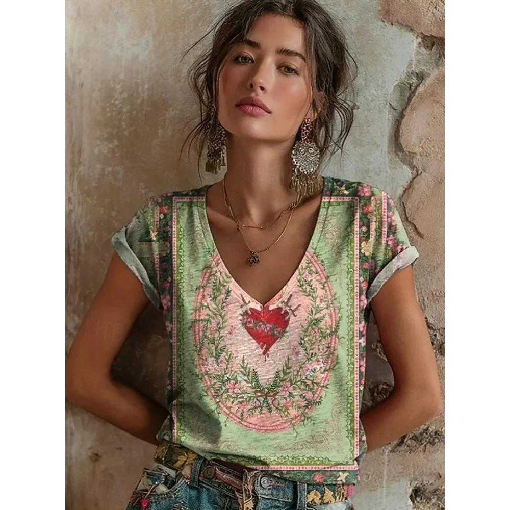 

Women s T Shirt Print Graphic Abstract Geometry Vintage Stylish Classic Short Sleeve V Neck Regular Tops Casual Daily Going Out S