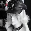 2000s Women Beret Hat Punk Rivet Decors Flat Top Cap Breathable PU Leather Octagonal Hat for Casual and Cosplay Wear