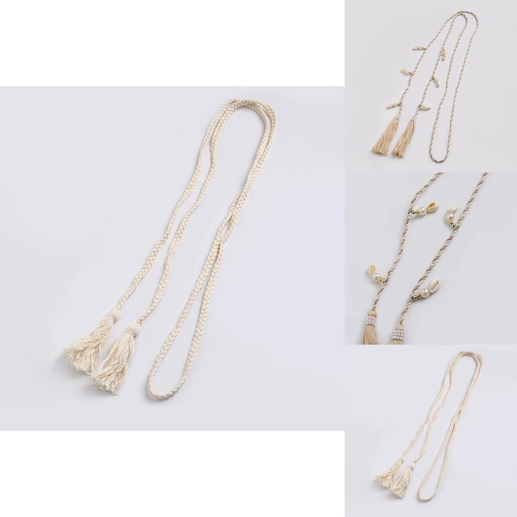 Ethnic Style Cotton Linen Waist Rope With Wooden Beads And Tassels For Casual Wear