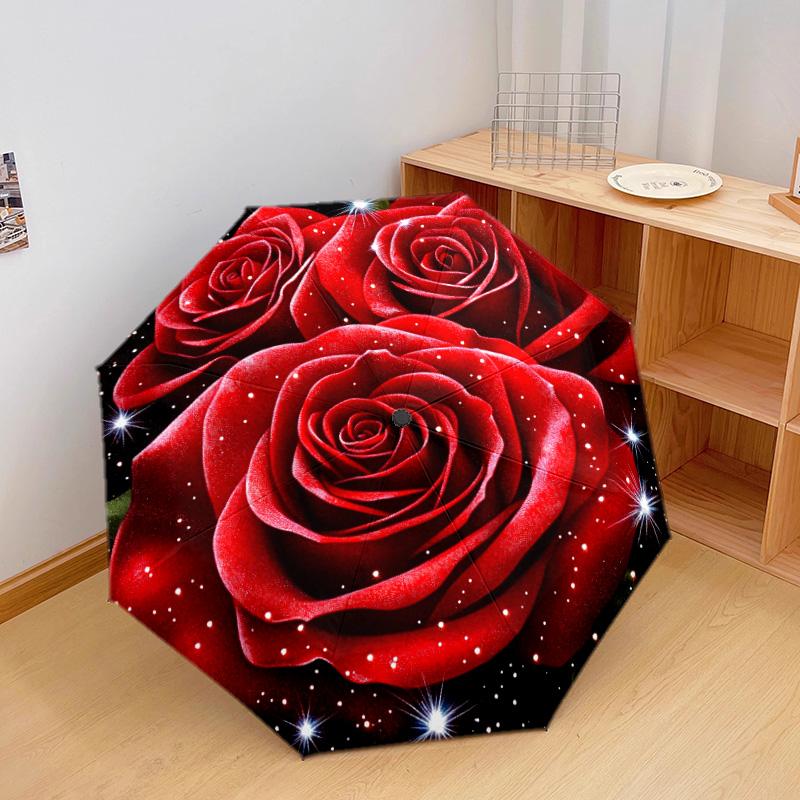 1 PC Automatic Folding Umbrella - Red Roses Pattern, Portable & Foldable Design with 8 Ribs, Christmas Birthday Gifts