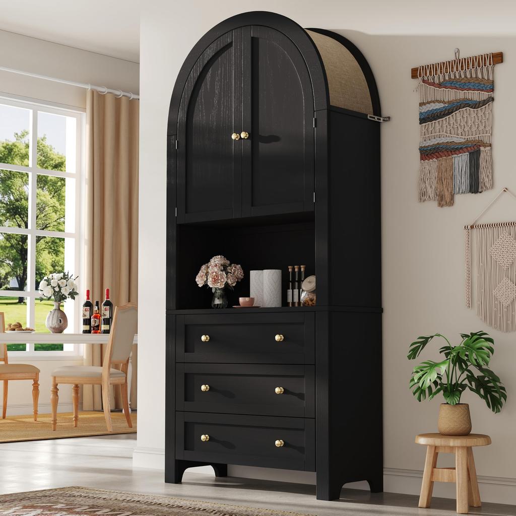 Hochschrank 180cm Mehrzweckschrank 2 Türen 3 Schubladen Offener Lagerraum Vitrine Wohnzimmer Büro Küche Freistehend Hoher Bogen Schwarz