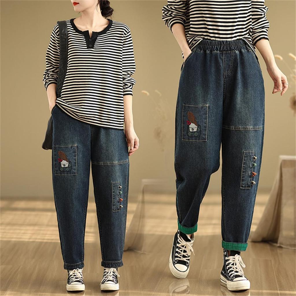 Mouhoukyo Denim Embroidered Elastic High Loose Slimming Size Women's Pants, Jeans, Denim, Waist, Waist, Casual, Fit, (Color shown, L)