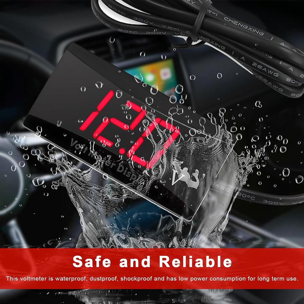 DC 12V Car Digital Voltmeter, 8-16V LED Display Waterproof Auto Voltage Gauge Meter, Digital Power Energy Voltage Monitor for Most Cars Trucks