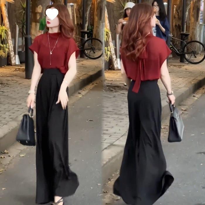 Fashionable Women's Summer Stylish Slimming Chiffon Top Paired with High-waisted Wide-leg Pants - A Beautiful Two-piece Set.