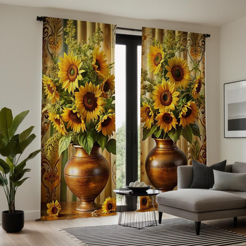 2pcs HD Digital Curtains Printed Yellow Tied Jar Sunflower Flower Home Decoration Style Decorate Living Room Bedroom Wear Rod