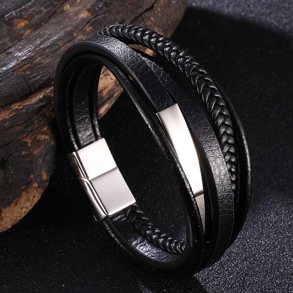 Trendy Men s Curved Tube Leather Bracelet - Stainless Steel Accent Inner 205mm [Full Length 233mm]