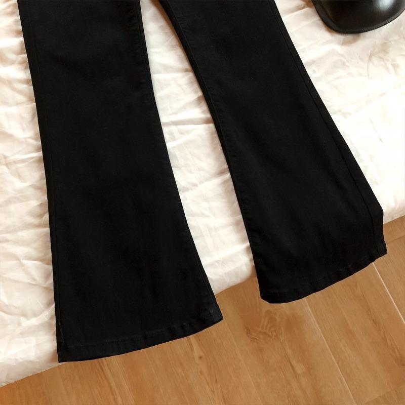 Slightly Pulled Jeans Women's Autumn and Winter Velvet High-waisted Thin Elastic Small Black Pants 89-point Flared Pants