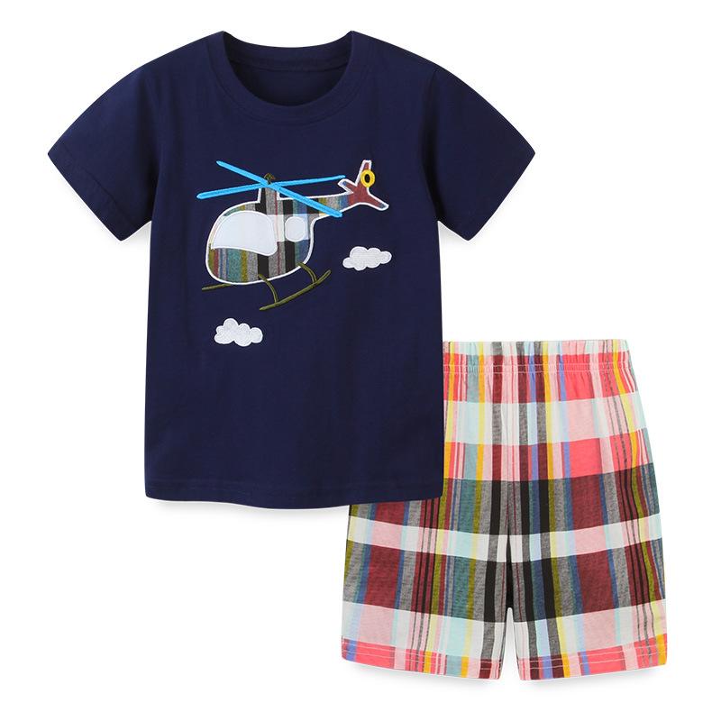 AostaBetty Boys' Summer Cartoon T-Shirt & Shorts Set - European/American Style, Knit Cotton, Short Sleeve, 2-Piece.
