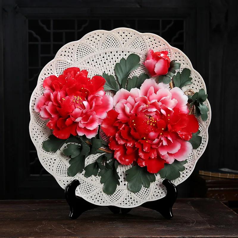 Pure Handmade HomeDecor Ceramic Art Hanging Plate Peony Flower Plate Chinese Craft Gift Creative LivingRoom Decoration Ornaments