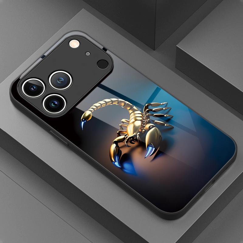 Golden scorpion pattern tempered glass phone case suitable for iPhone 17 16 15 14 13 12 11 Pro/Max/Plus anti drop and shockproof