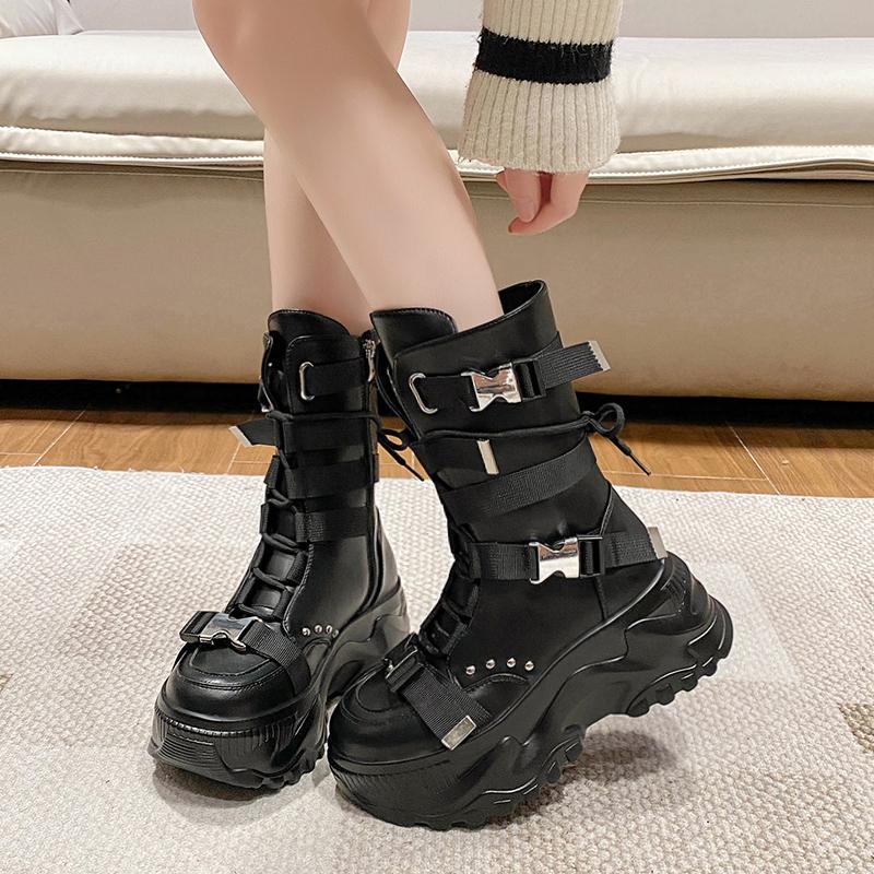 Small Platform Heightening Shoes Autumn and Winter New Round Toe Side Zipper Anti-slip Wear-resistant Mid-tube Boots