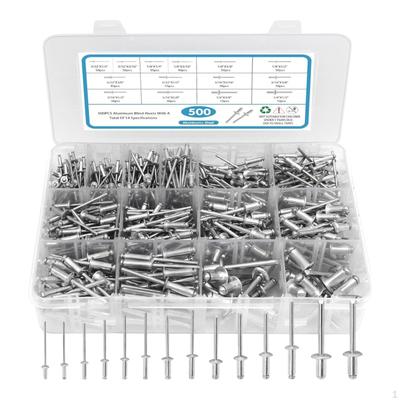 500Pcs Blind Rivets 3/32" 1/8" 5/32" 3/16" 1/4" SAE Open End Assorted Rivet Set for