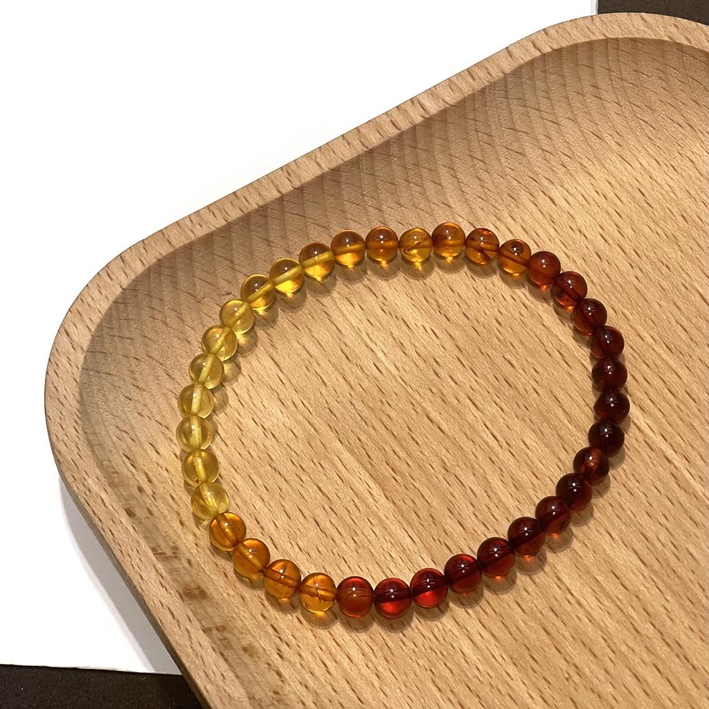 Natural Gradient Amber Round Bead Bracelet 5.3×5.3mm 18cm, Mixed Blood Amber & Golden Amber Elastic Stack Bracelet