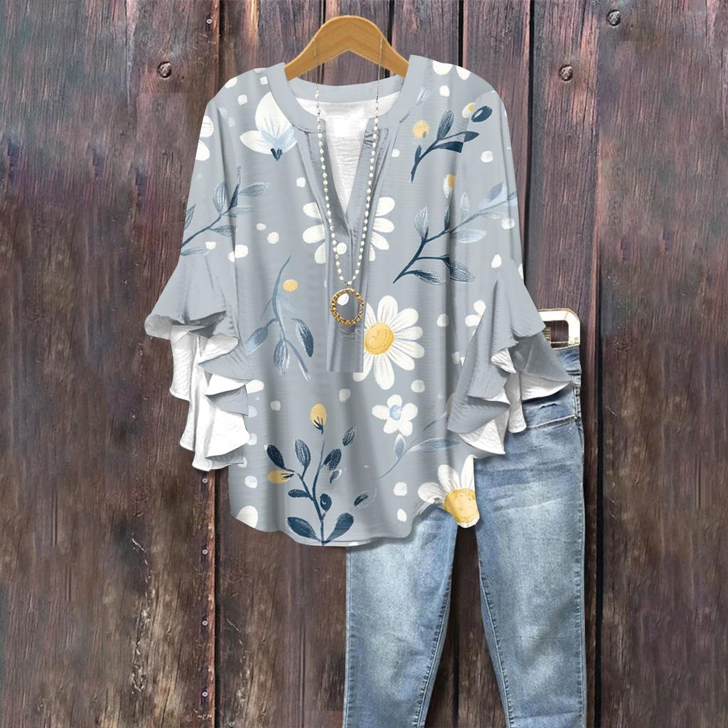 Summer Tops For Women Cute V Neck 3/4 Sleeve Blouses Floral Print Top Casual Shirts