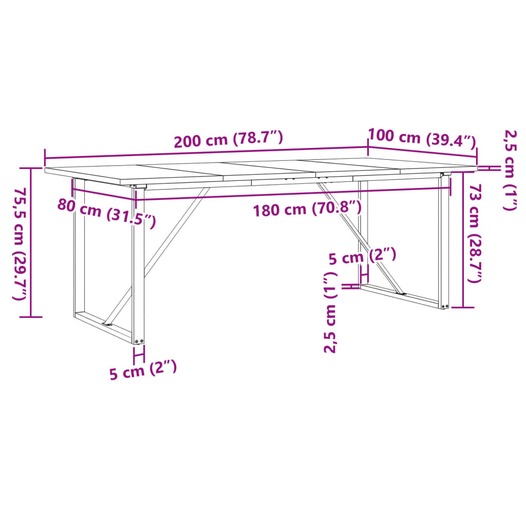 Dining Table O Shaped Frame 200 x 100 x 75.5 cm Solid Pine Wood & Steel