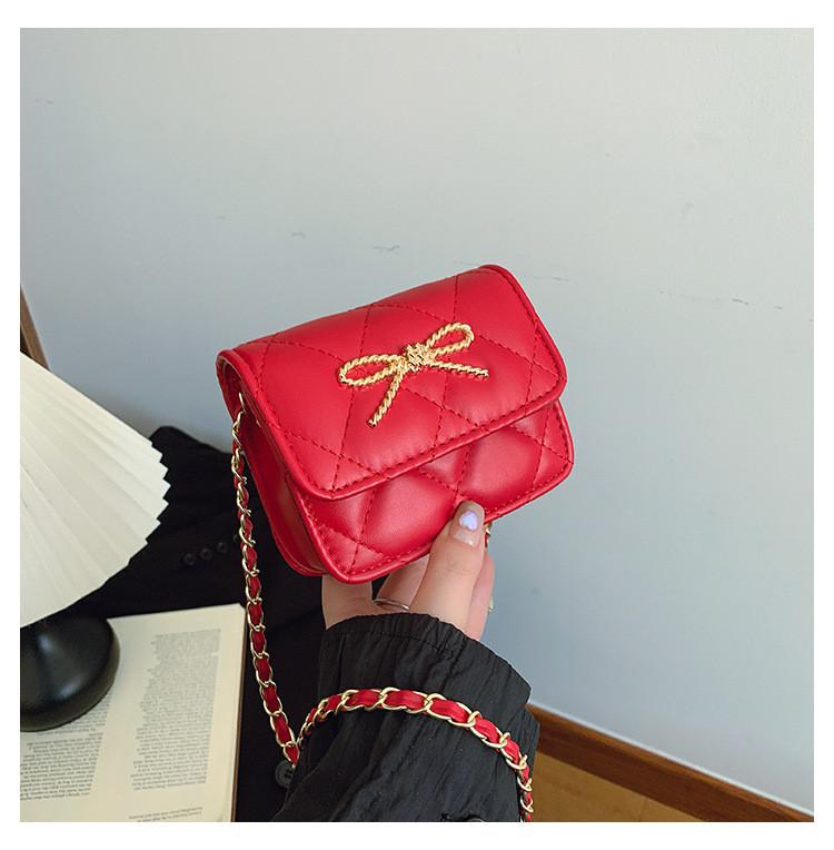 Bow Simple Golden Decoration Solid Color Leather Children Chain Bag Shoulder