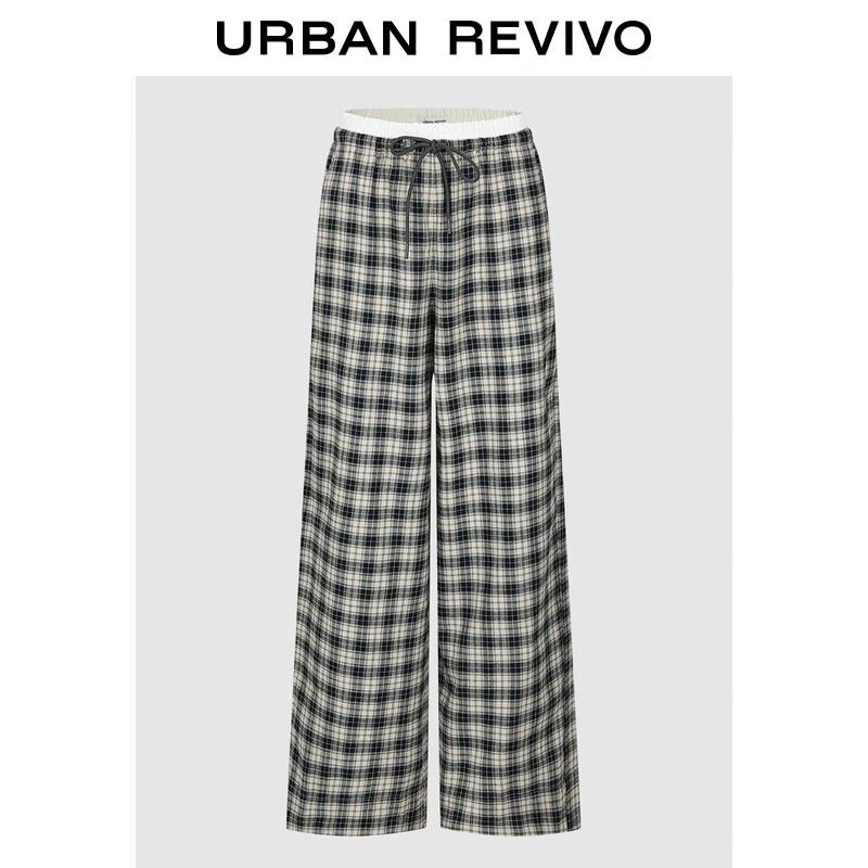 

UR2025 Women s Winter Casual Plaid Drawstring Wide-Leg Pants M