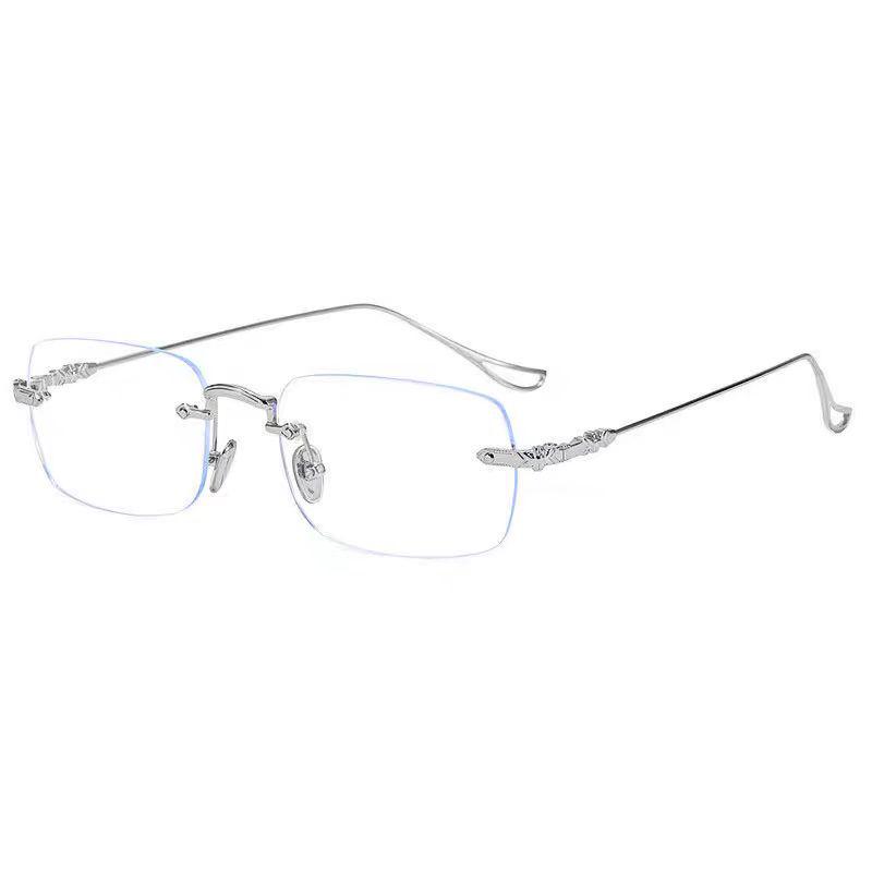 Unisex Rimless Photochromic Glasses: Anti-Blue Light, Plano Lenses, High-Definition Eye Protection for Middle-Aged & Elderly Readers.