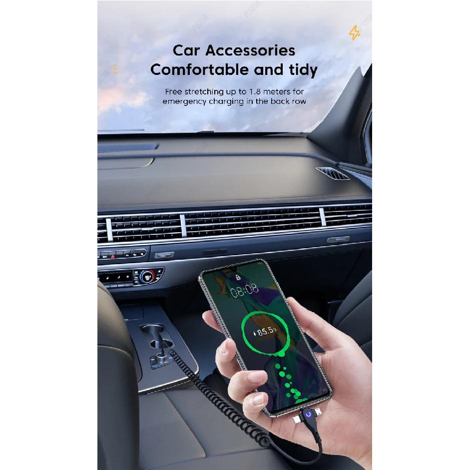 3 in 1 66W 6A Fast Charging USB Type C Cable Micro USB Spring Car Charger For iPhone Xiaomi  Samsung Phone Charger Cord