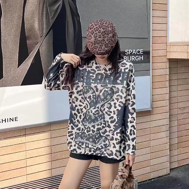 Women's Retro Heavy Work American Leopard Print Mid-Length Loose Sweater - Autumn New Style Long-Sleeve Casual Knit Top