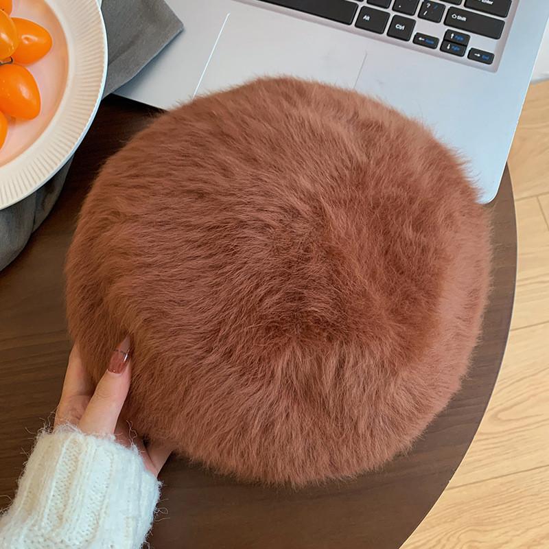 Elegant White Rabbit Fur Beret For Women Cozy Winter Hat Fashionable Painter Cap