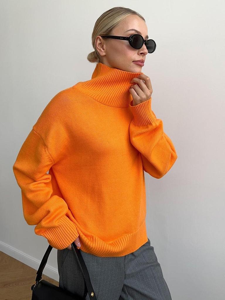 2025 European & American High Neck Casual Solid Color Knit Sweater - Autumn/Winter Versatile
