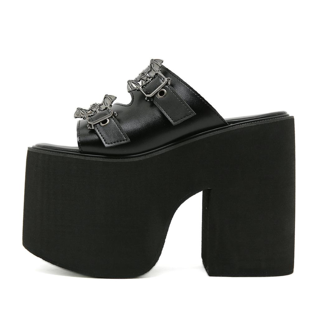 Gdgydh Goth Bat Buckle Decor Platform Slippers for Women Fashion Open Toe Summer Shoes Slip On Heeled Sandals Slingback Outdoor