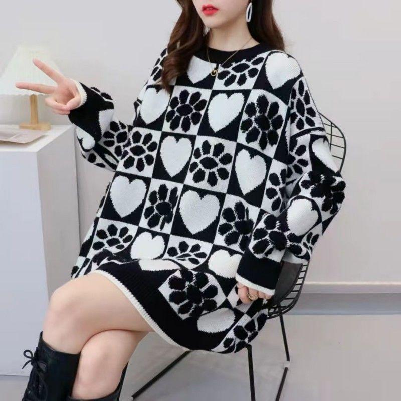 Women's Plus-size Sweater Round-neck Pullover Printed Sweater Loose Knit Top
