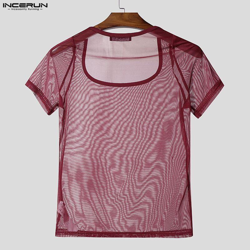 INCERUN Men Short Sleeve Mesh Sheer Sexy Party Club T-shirts Tops