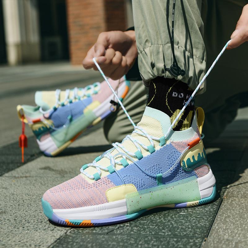 Basketball Shoes Summer New Couple Models Medium Help Flying Woven Breathable Cushioning Non-slip Actual Combat Large Size Men's Shoes Sports Shoes
