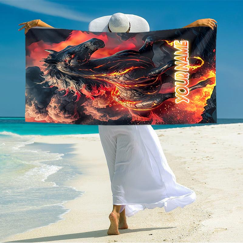 1PC Custom Name Horse Power Beach Towel Highly Absorbent And Sand-Resistant Towel for Swimming, Pool, Yoga, And Travel Lightweight