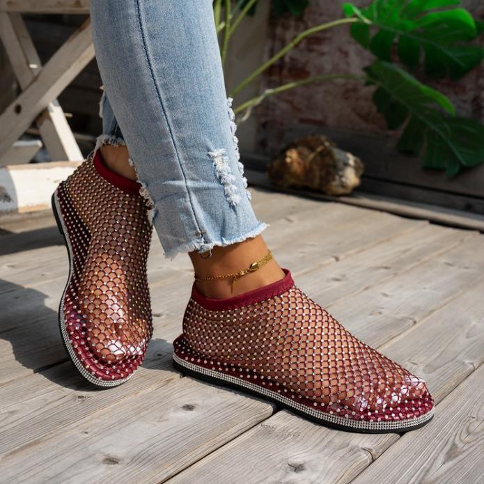 Fashion Women's New Round Toe Luxury  Flat Bottom Hollow Short Boots Water Diamond Sexy Flat Bottom Banquet Sandals