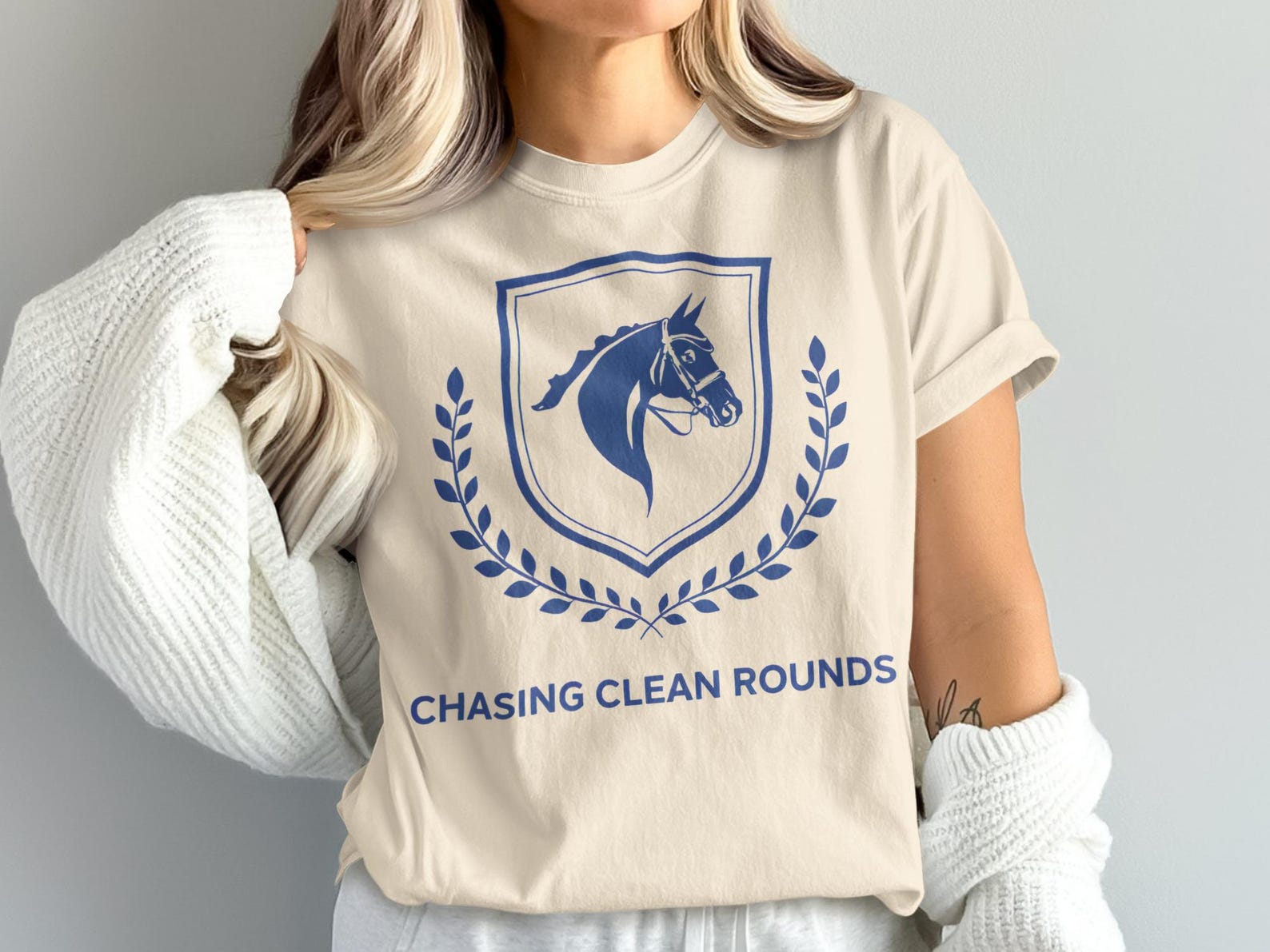 Chasing Clean Rounds T-Shirt, Equestrian Horse Rider Tee, Show Jumping Jumper Shirt, Horse Lover Gift, Equine Laurel Wreath Shield Design M