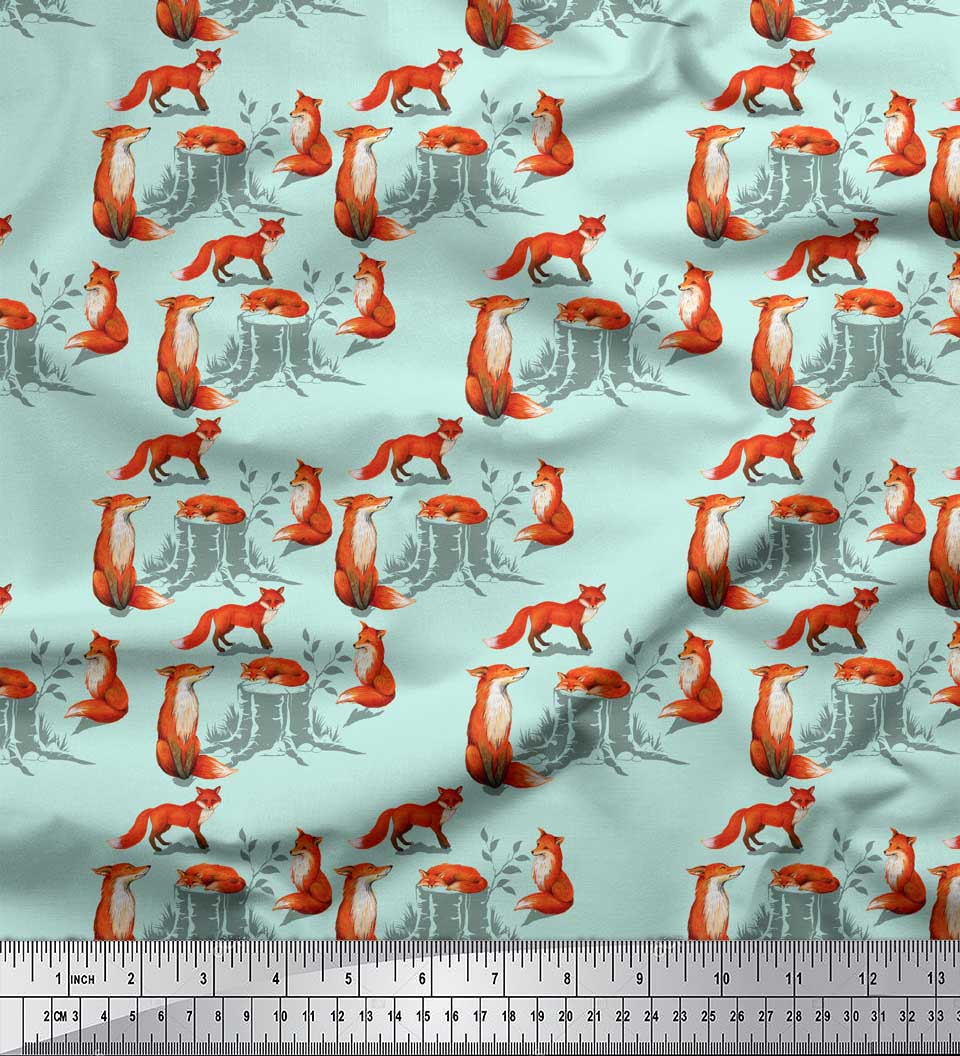 

Тканина Soimoi Brown, японський креп-сатин, пень і лисиця, тканина з принтом тварин на метри 42 дюйма 42 Inch Wide - Poly Crepe зелений