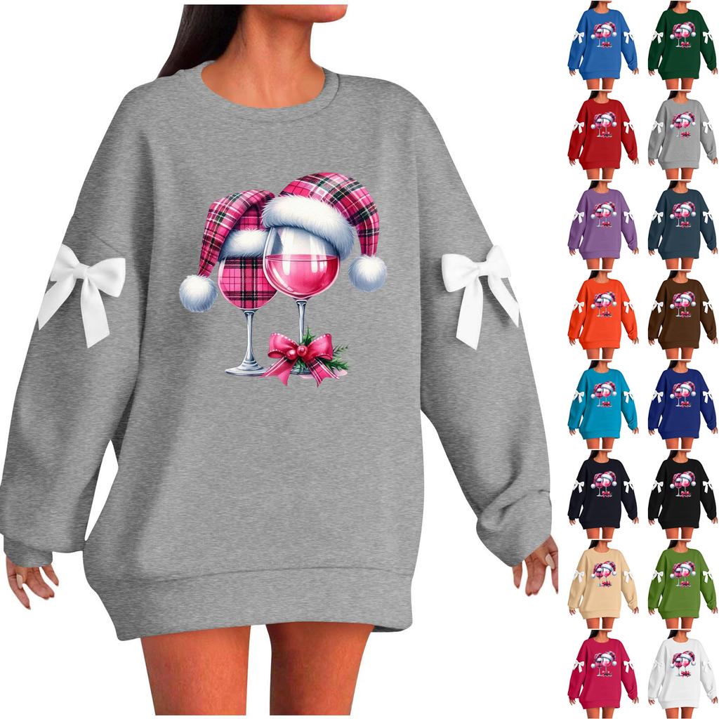 Ladies' Christmas Printed Bow Round Neck Long Sleeved Loose Pullover Sweater Sweatshirt Top