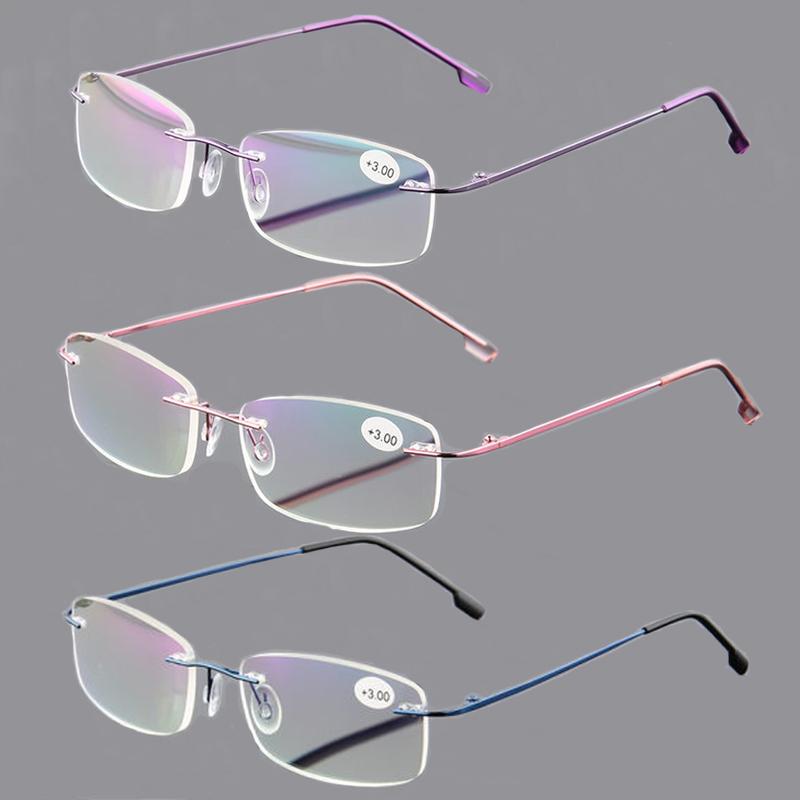 Women Rimless Reading Glasses Anti Blue Light Anti Fatigue Presbyopic Glasses Clear Lens Cut Edge Design