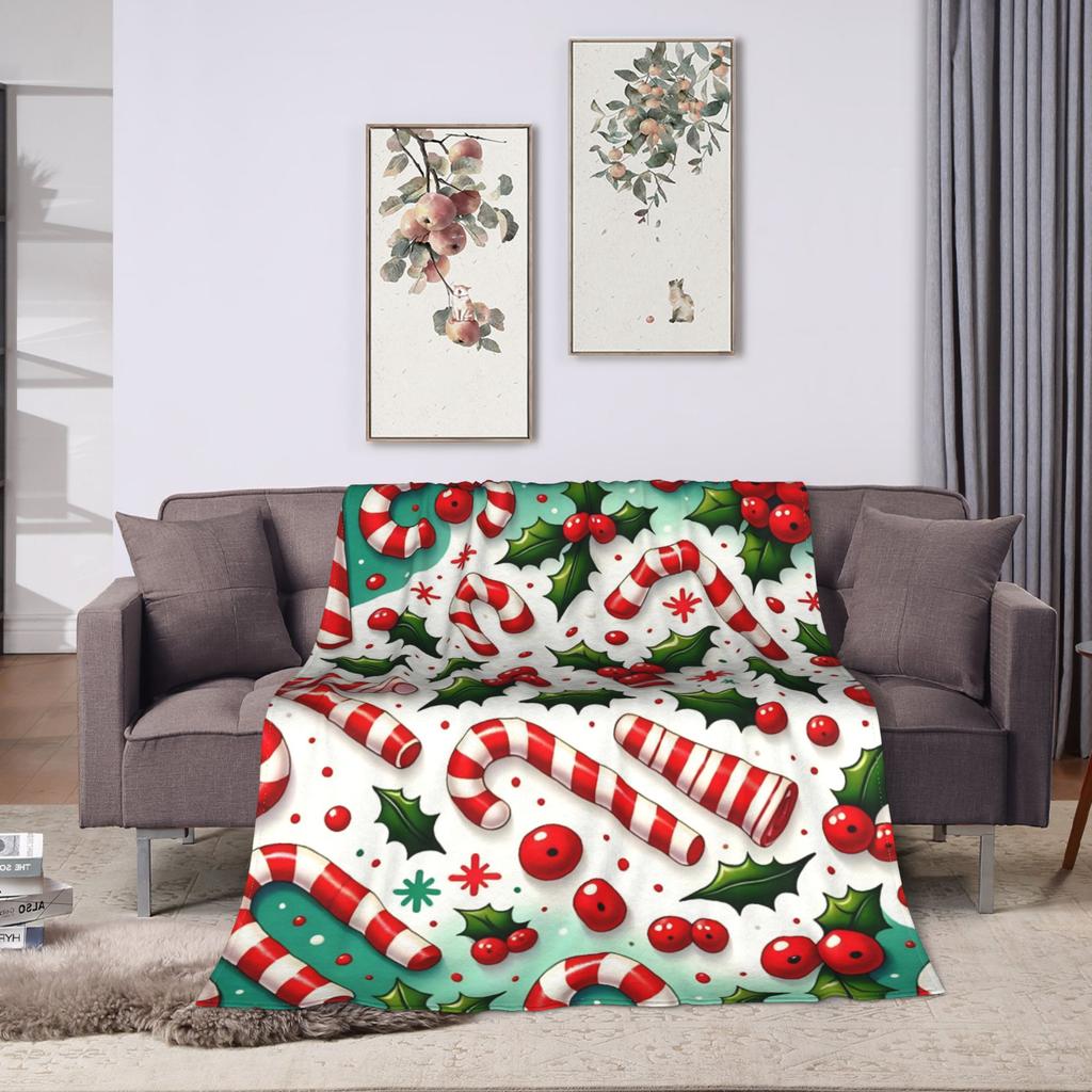Cozy Candy Cane Christmas Blanket  Warm Comfortable Plush Throw Blanket For Bedroom Decorative Flannel Bedspread Bed Cover
