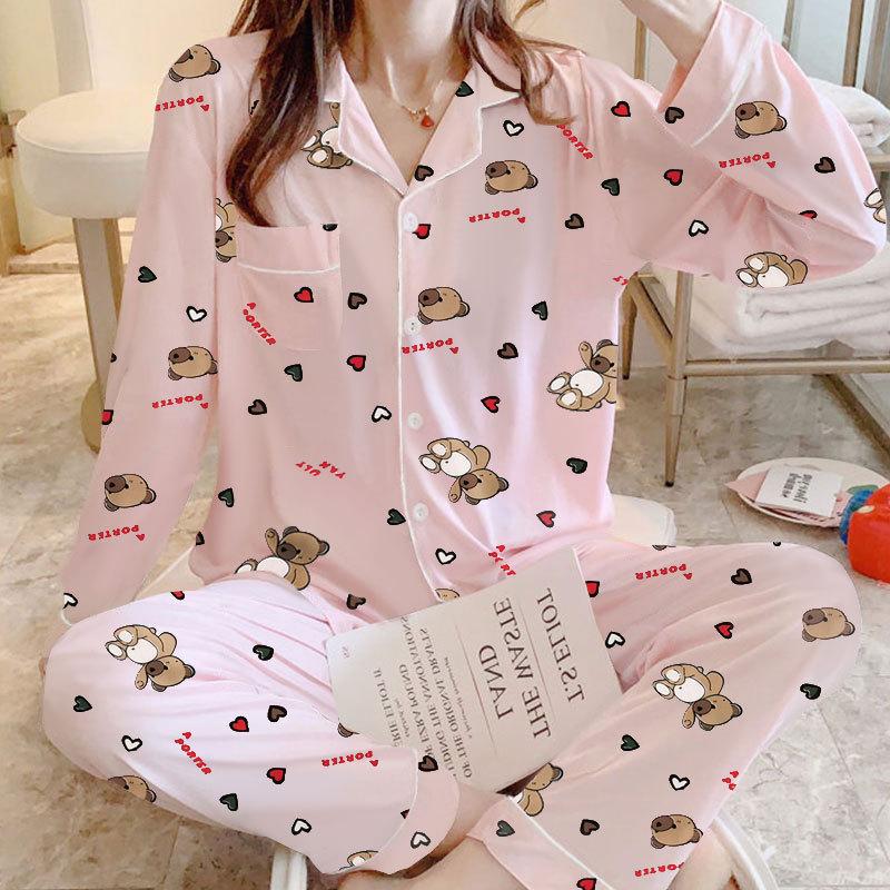 Spring And Autumn Pajamas Women'S Cardigan Long-Sleeved Trousers Korean Girls' Simple Cartoon Loungewear Suit Can Be Worn Outside
