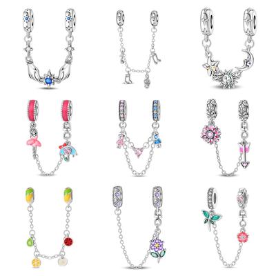 S925 Silver Couple Sun Moon Safety Chain Charm Beads DIY Bracelet Necklace Jewelry Accessories