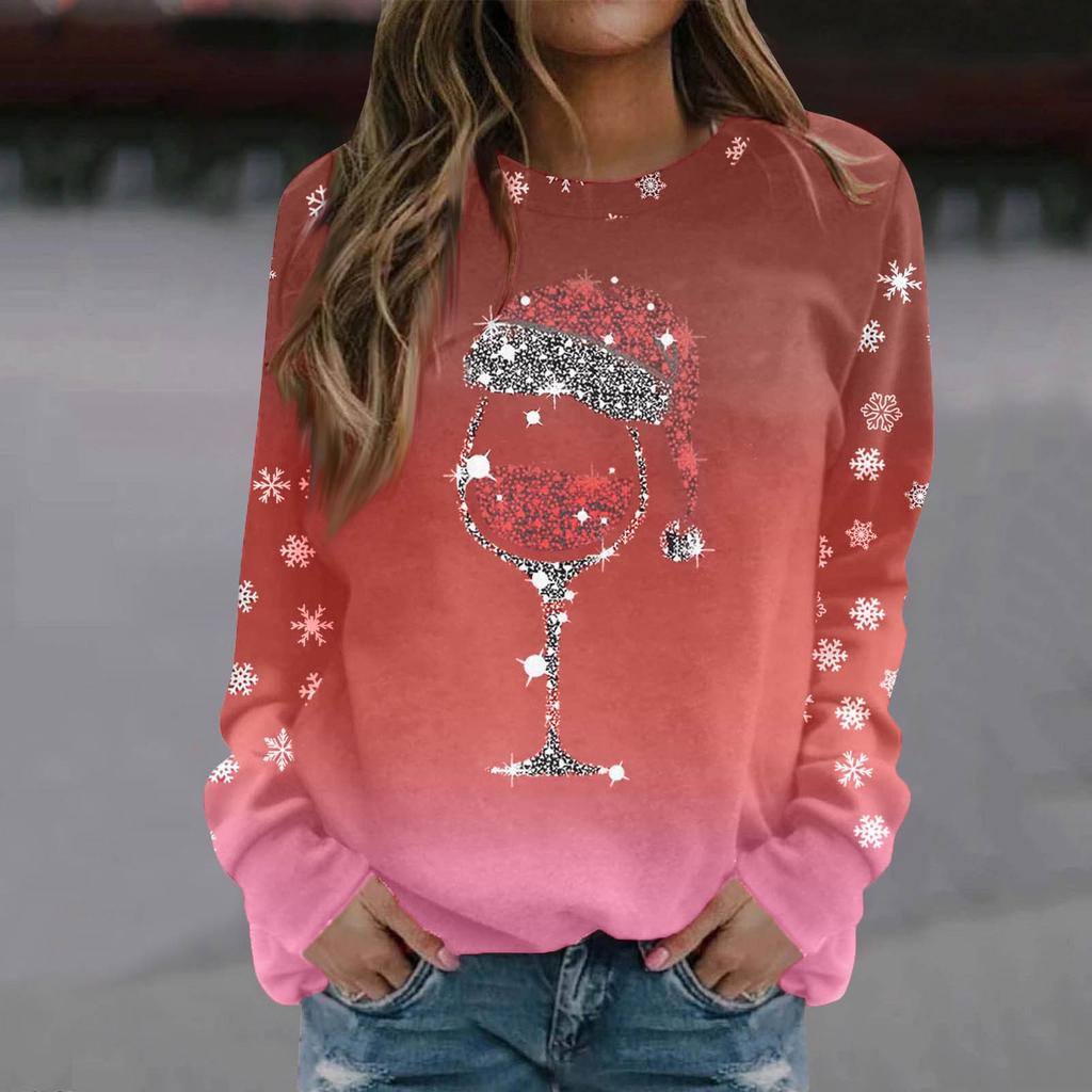 Women's Casual Fashion Christmas Print Long Sleeve O-Neck Pullover Top
