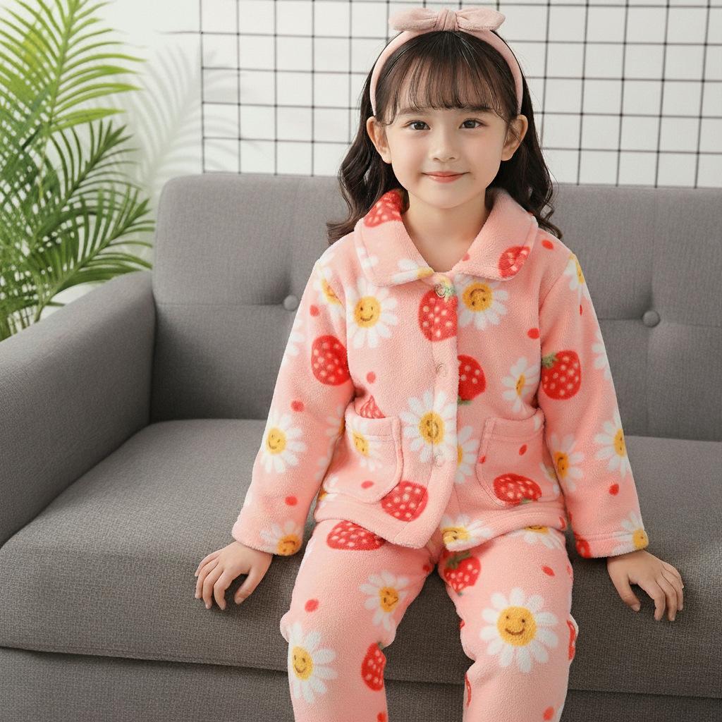 Girls' Pajamas Long Sleeve Flannel Children's Pajamas Autumn Winter Coral Fleece Boys' Baby Kids' Homewear Set
