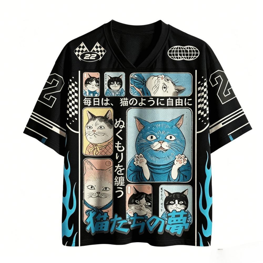 Japanese Ukiyo-e Cat  Retro Cat Manga 3D Print Sport Breatha Quickdry V-neck Tshirt Street Casual Fashion Clothing