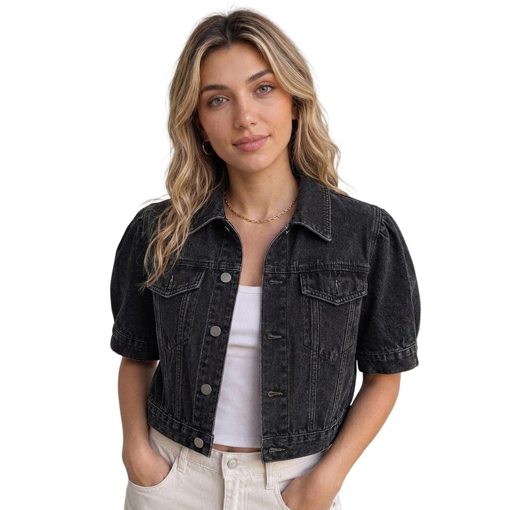 Women's Short Sleeve Denim Jacket with Puff Sleeves and Lapel Collar, Single-Breasted, Pockets