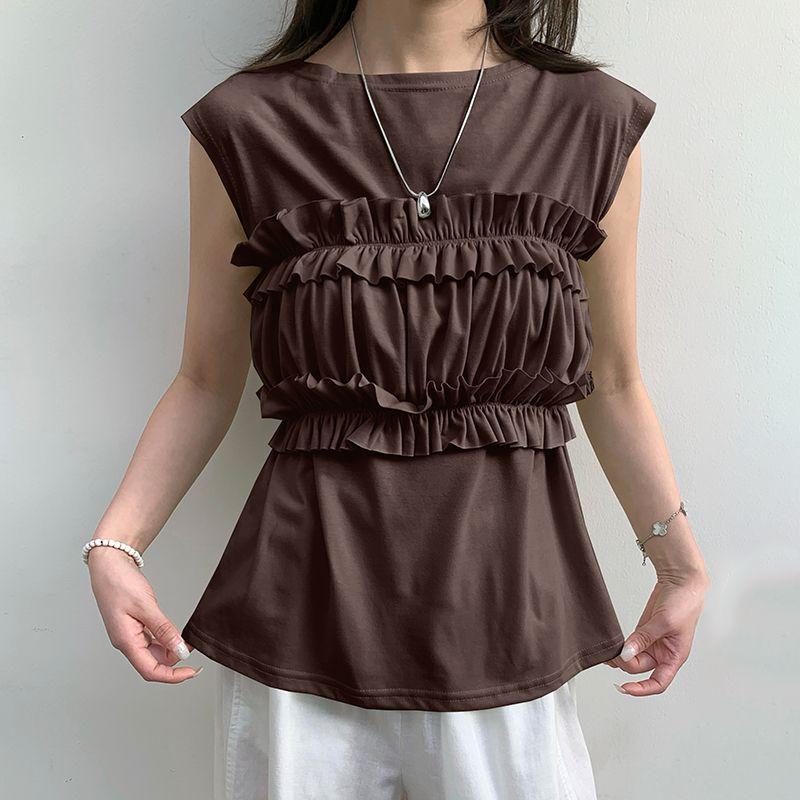 Cross-Border Japanese and Korean New Arrival Fruit Green Stripes Round Neck Ruffles Tight Wrapped Chest Belt Two-Way Sleeveless T-shirt for Women