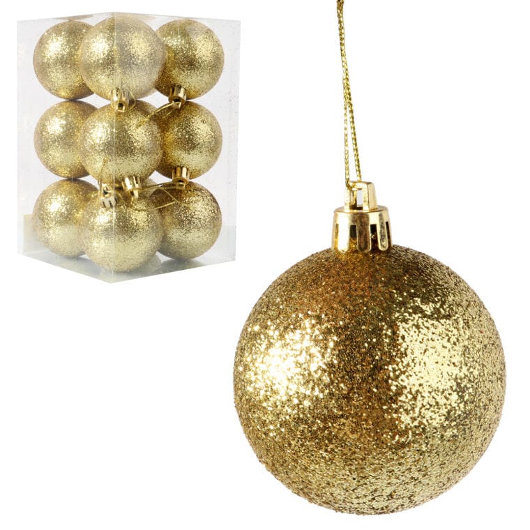 Set of 12 Gold Glitter Christmas Baubles, 6 cm