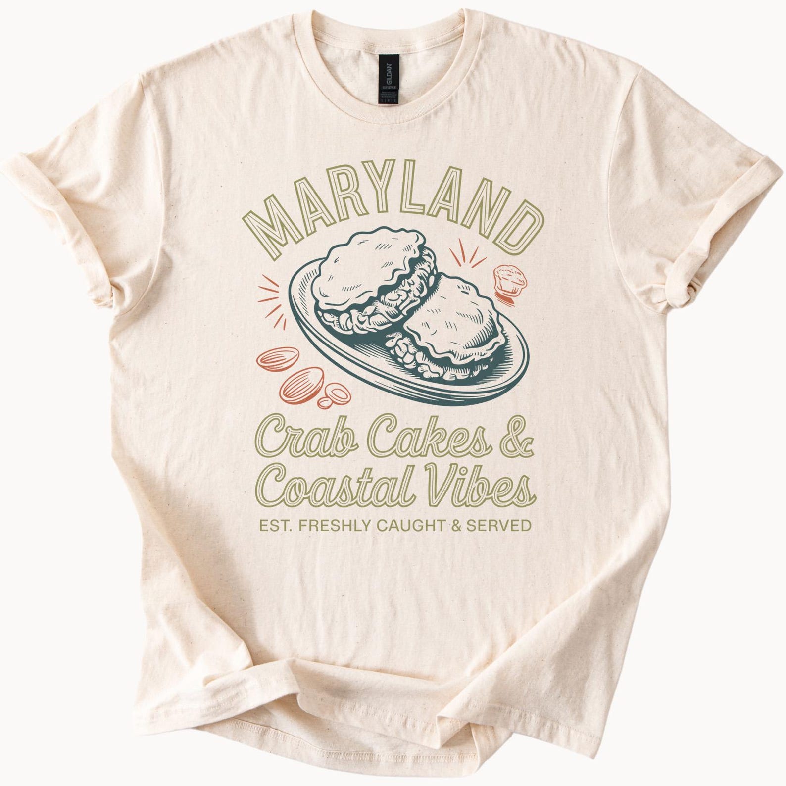 Maryland Crab Cakes Coastal Vibes Graphic T Shirt Freshly Caught Seafood Illustration Beach Food Lover Maryland Pride Tee 150
