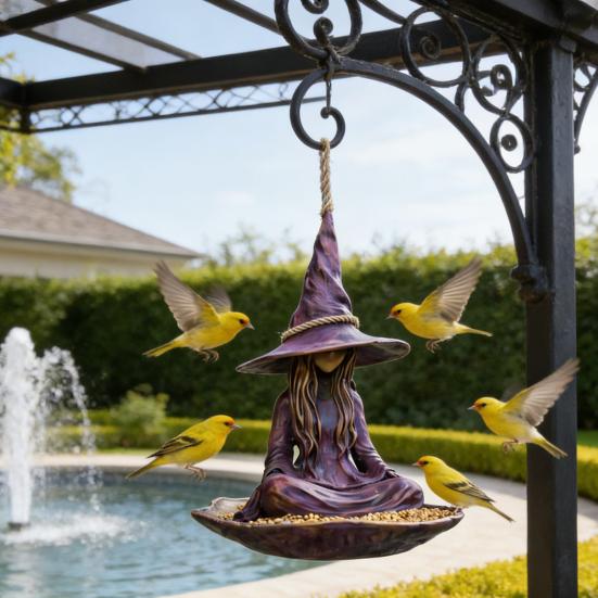 Yousheng Witch Garden Statue Bird Feeder for Outdoors Resin Hanging Wild Bird Feeder for Outside Patio Backyard Birdwatching