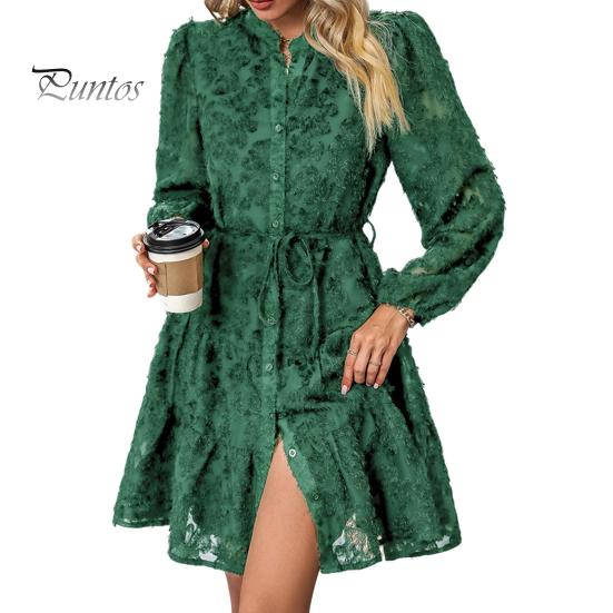 Rochie de toamnă de primăvară pentru femei, cu gât rotund, cu aplicație din dantelă, mâneci lungi, cu nasturi și curea, cu șiretă, talie subțire, cu tivul mare, rochie midi de petrecere pentru întâlniri