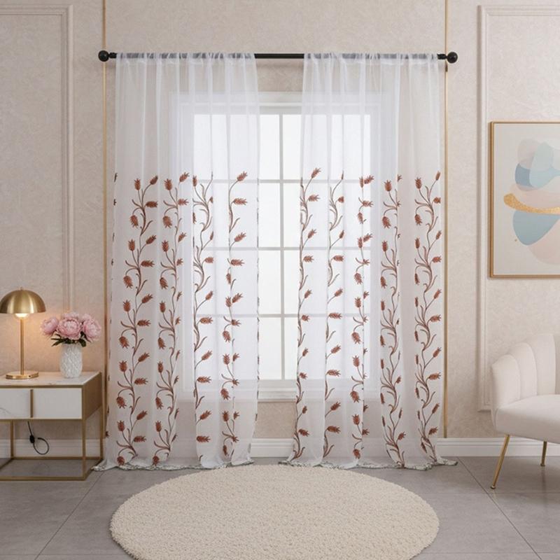 Rod Pocket Design Semi Sheer Curtain Easy Installation Wheat Embroidered Voile Drape Light Filtering for Home Decors