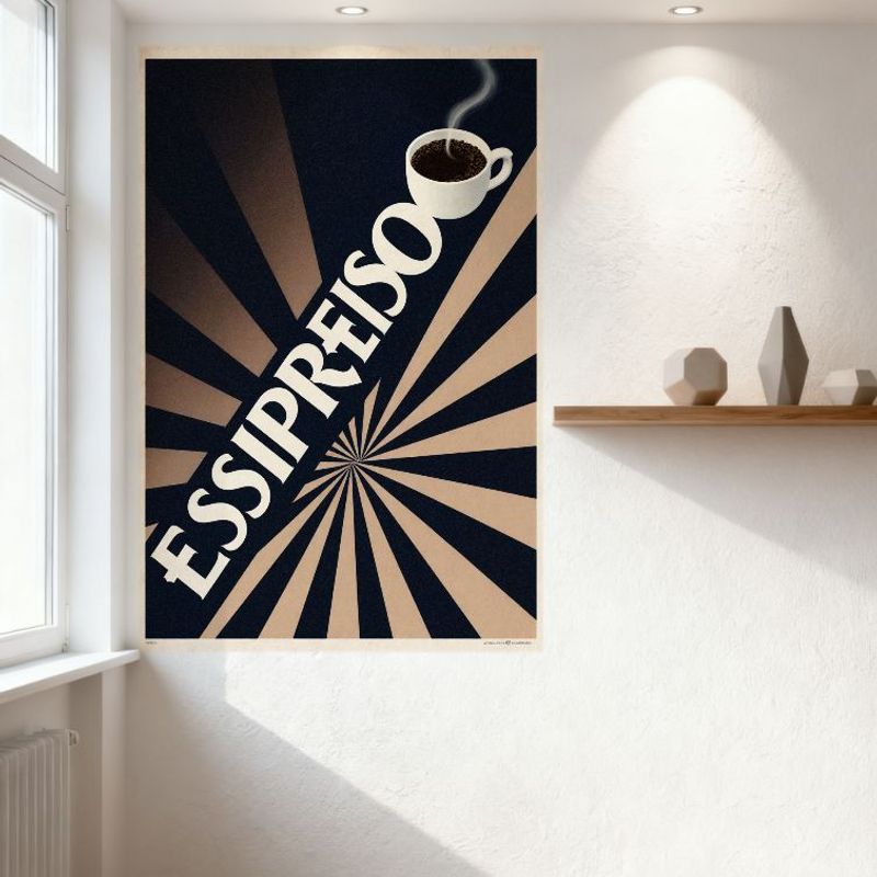 Vintage Art Deco Coffee Poster Sunburst Radial Pattern Dark Blue Beige Brown Rays Ceramic Espresso Cup Metal Tin Sign for Cafe B